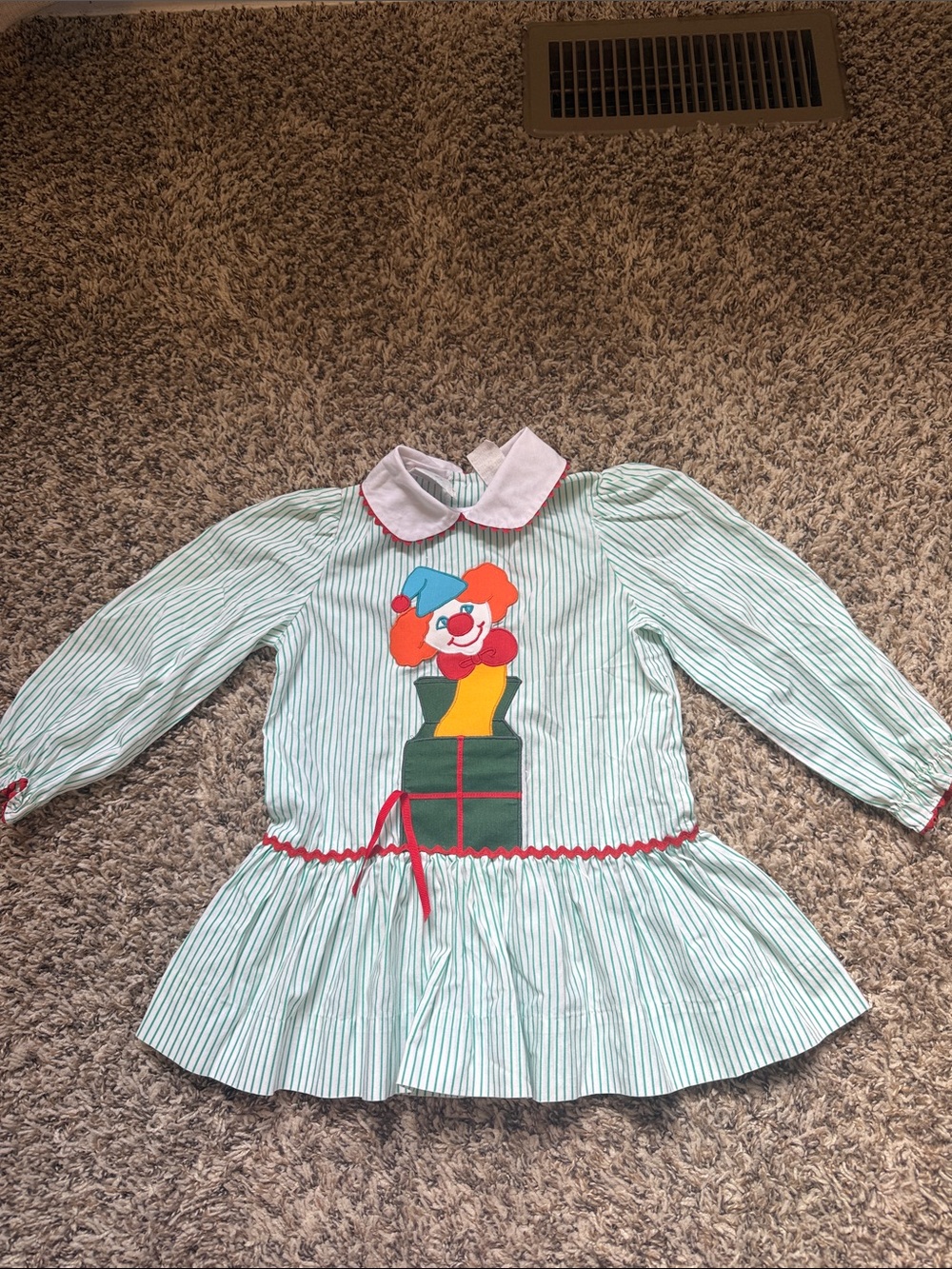 Vintage Children's Green Striped Clown Smocking like Dress with Red Accents